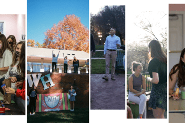 a compilation of pictures of young women and men on campus and smiling