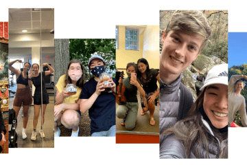a compilation of photos of young people smiling on a college campus