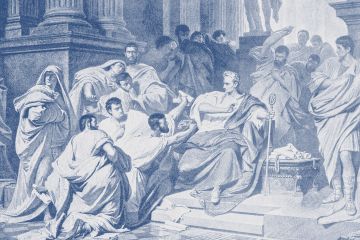 a sketch of Julius Caesar being stabbed in a court in ancient times