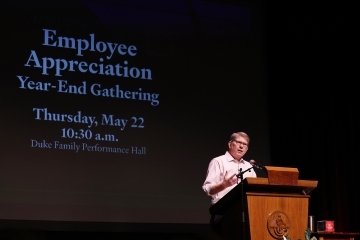 President Doug Hicks ’90 thanked and congratulated employees on a successful academic year during the Employee Appreciation event