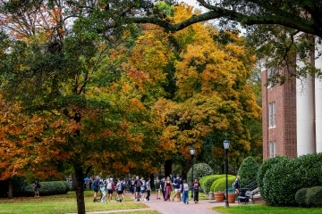 a group of students walk on a college campus in front of a yellow and orange tree