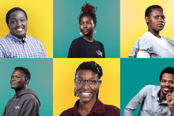 a compilation of headshots on teal and yellow backgrounds picturing young Black men and women