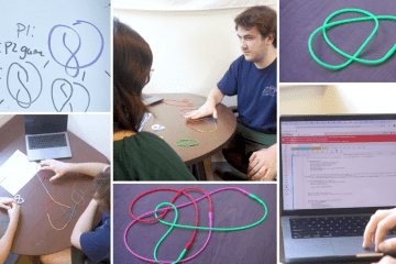 a compilation of images of student and professor looking at knots at a desk and computer