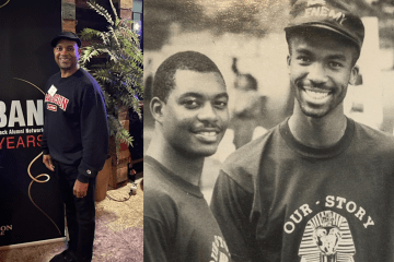 Collage of Linsey Mills ’92 standing next to DBAN sign, vintage photo from college days