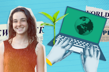 Collage of student Stella Mackler, news clippings, laptop, and sprouting plant