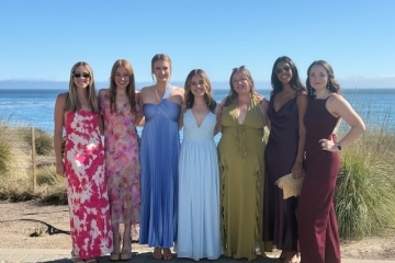 Class of 2017 friends (l-r) Shannon Doherty, Annie Rowland, Paige Buckland, Devon Winsor, Sylvia Strauss, Sabrina Cheema and Katie Belanger in San Louis Obispo celebrating the wedding of classmate Emily Palmer