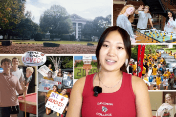 a young woman surrounded by pictures from her first week at Davidson College