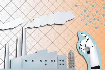 a graphic of a factory and robotic hand