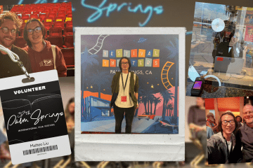 A photo collage of Matteo Liu’s experience volunteering at the 37th Palm Springs International Film Festival, featuring his volunteer badge, shots of him working at a ticket booth, and posing with others in a theater and in front of a festival backdrop.