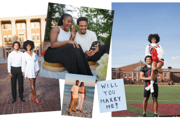 A collage of a couple’s relationship milestones, including photos of them dressed formally on a campus, at the beach, a football player holding a cheerleader, and a close-up of the woman reacting with excitement to an engagement ring while looking at a phone, next to a note that says, "WILL YOU MARRY ME?"