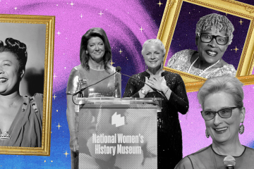 pink, blue, and gold collage of Ella Fitzgerald, Meryl Streep, and Dr. Opal Lee alongside CEO Frederique Champagne Irwin ‘96