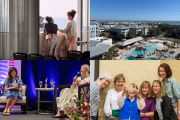 Four images: two women looking out of a window, a scenic beach view, two women onstage at event, group of women taking a selfie