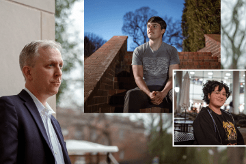 A collage of three individual portraits featuring a middle-aged man in a suit looking thoughtfully to the side, a young man in a graphic T-shirt sitting on brick outdoor stairs, and a smiling young woman with curly hair and glasses in an indoor setting.