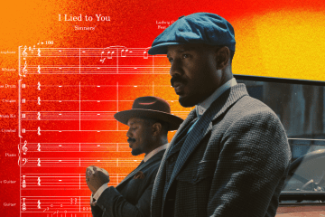 Two men in vintage suits and hats, one in a blue flat cap and another in a maroon fedora, are layered over a vibrant orange and red background featuring musical sheet music titled "I Lied to You" from the film "Sinners."