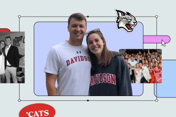 Collage of Trey and Katherine in Davidson sweatshirts, with a Y2k inspired digital interface and branded stickers