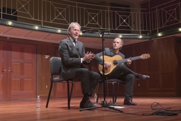Flamenco cantaor David Pino and guitarist Guillermo Guillén on stage at Davidson College