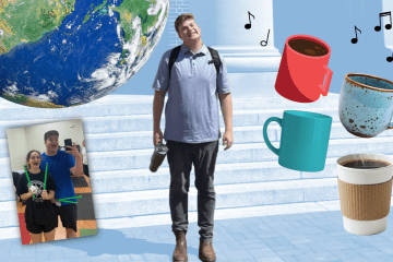 A student stands outside with a collage of items over him—a globe, selfie, coffee cup, microphone, and airplane