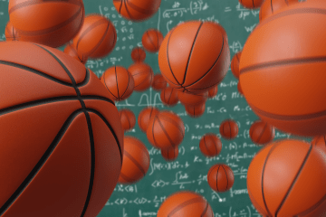 Bouncing basketballs on a chalkboard background with mathematic equations on it