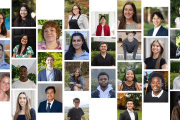 A collage of professional and casual headshots featuring a diverse group of over 20 smiling young adults, arranged in a grid-like pattern against a white background.