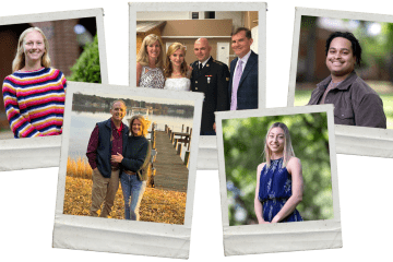 A collage of five Polaroid-style photographs arranged over a colorful abstract background, featuring portraits of diverse individuals, including a woman in a striped sweater, a wedding party group, a young man, a woman in a blue dress, and a couple standing by a lake dock.