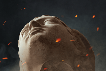 Close-up, low-angle view of a stone classical bust tilted backward against a dark, smoky background with floating orange embers
