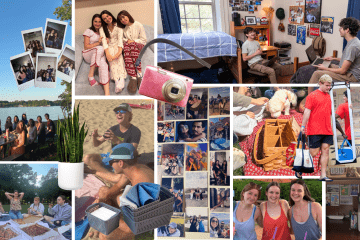 A collage of college student memories—including dorm life, picnics, beach trips, and study sessions—interspersed with dorm packing essentials like storage bins, a plant, and a mirror.