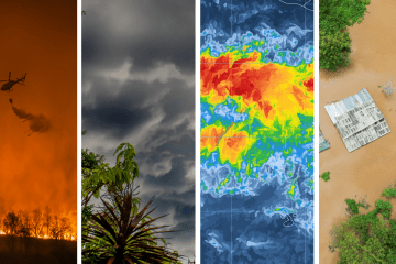 Four vertical panels illustrating extreme weather events, including a firefighting helicopter dropping water on a wildfire, dark storm clouds over foliage, a colorful meteorological radar heat map, and an aerial view of a flooded structure.