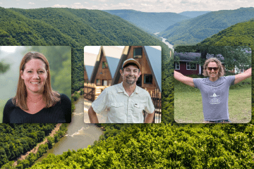 Three individual headshots of outdoor enthusiasts overlaid on a panoramic view of a lush, forested mountain valley with a winding river below.