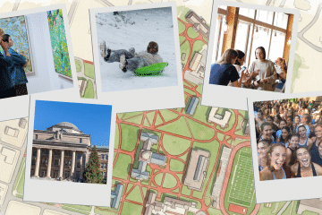 A collage of polaroid-style photos showing students looking at art, sledding, hanging out indoors, posing in a large group, and a domed campus building, layered over an aerial map of a college campus