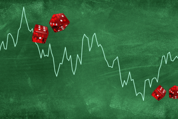 A line graph depicting financial market fluctuations overlaid on a green chalkboard background, accompanied by scattered red dice.