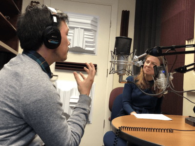 Student and Prof. Jane Mangan Recording CIS Voices Podcast