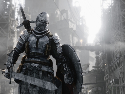a figure in armor stands in front of scaffolding in a video game scene