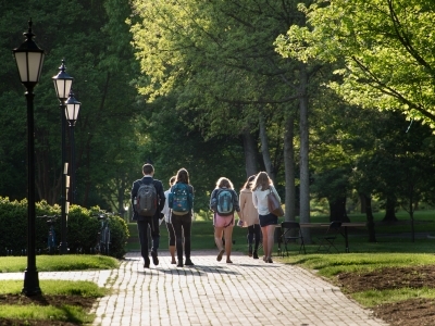 a group of students walk down a brick pathway on a sunny day