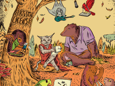 a cartoon of animals sitting around creating art