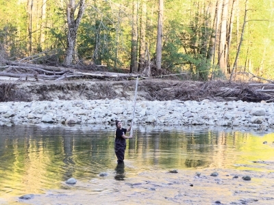 a young woman measures water in a forested area on a sunny day