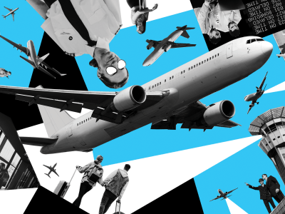A pop-art style collage of planes and pilots and travelers