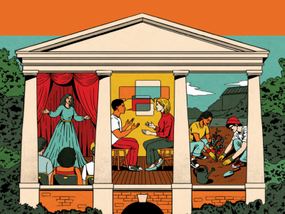 An illustration of a classical-style building with columns divided into three sections showing people performing a theater play, sitting and talking with speech bubbles, and gardening outdoors.