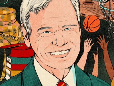A colorful illustration featuring a smiling, blue-eyed man in a green suit jacket and red striped tie, surrounded by background vignettes of a basketball game, a graduation cap, a courtroom scene, and a U.S. Army helmet.