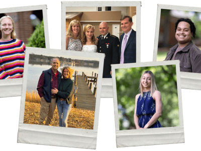A collage of five Polaroid-style photographs arranged over a colorful abstract background, featuring portraits of diverse individuals, including a woman in a striped sweater, a wedding party group, a young man, a woman in a blue dress, and a couple standing by a lake dock.