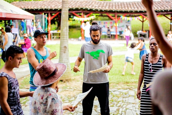 Santiago Navia '17 in Colombia with other people gathered around him