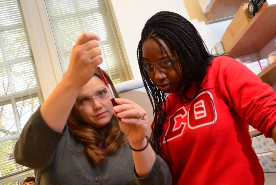 Prof. Nicole Snyder adds liquid to a small tube with a dropper while lab assistant, Joeyelle Newton observes
