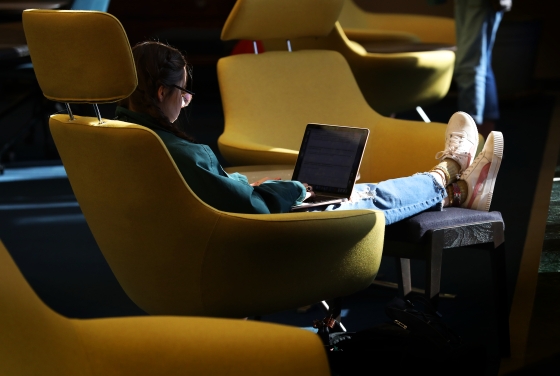 Student Studying in Library on Laptop