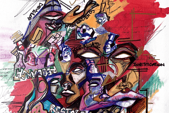 Art piece with drawn faces, abstract blocks of red green and yellow and words throughout