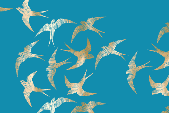 Illustrative gold swallows on blue background