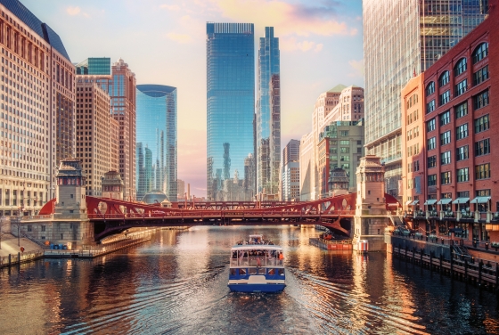 Chicago buildings with river boat in foreground