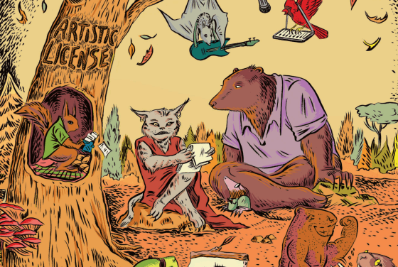 a cartoon of animals sitting around creating art