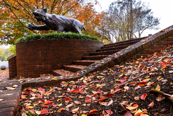 Fall foliage with wildcat statue