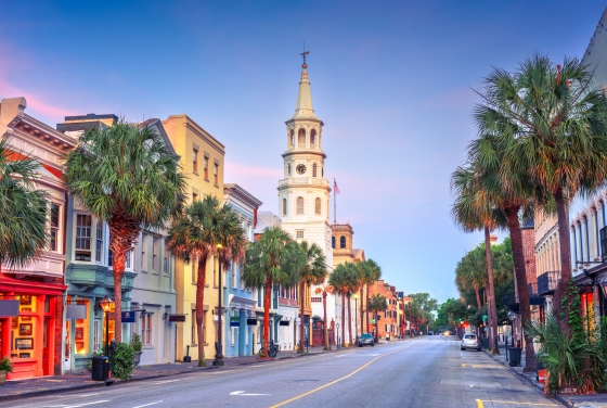 Street view and church steeple in Charleston, SC