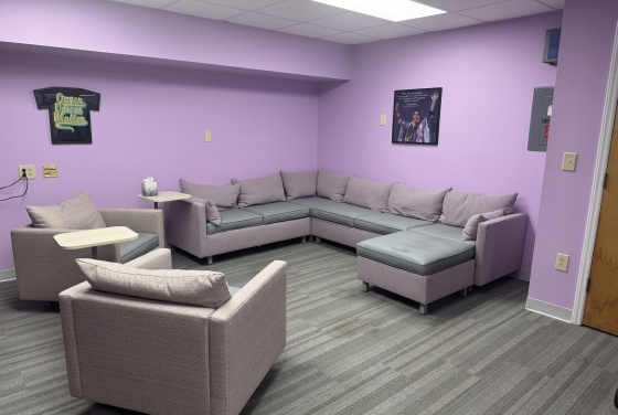 a purple painted room with comfy couches and chairs