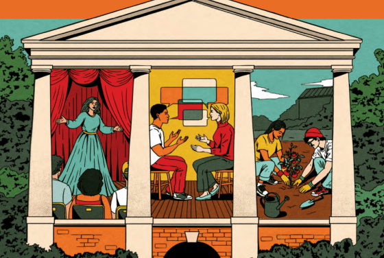 An illustration of a classical-style building with columns divided into three sections showing people performing a theater play, sitting and talking with speech bubbles, and gardening outdoors.